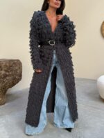 Женский Удлиненный Фактурный Графитовый Кардиган с Бахромой