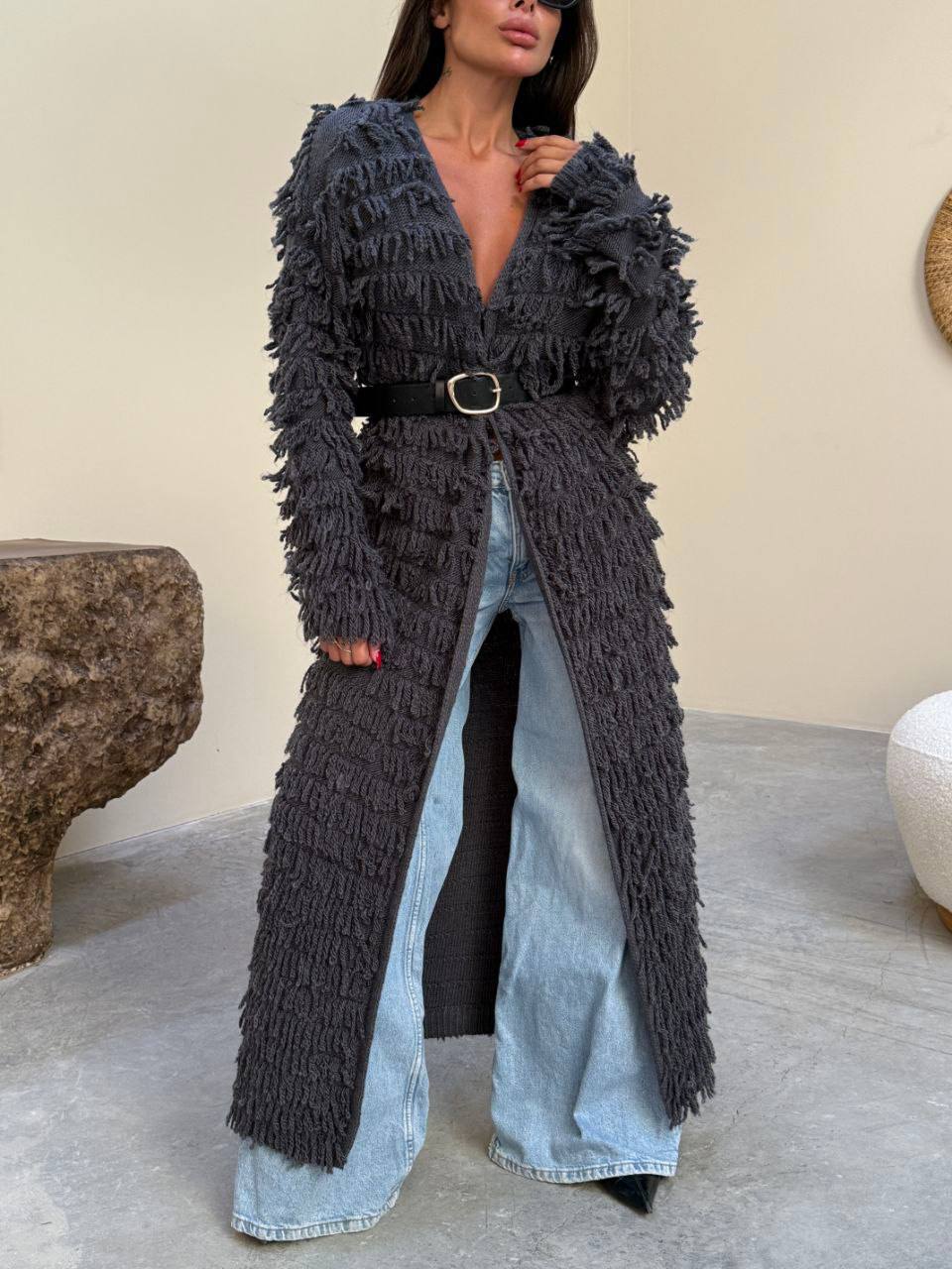 photo_2026-03-15_12-22-01 Женский Удлиненный Фактурный Графитовый Кардиган с Бахромой