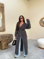 Женский Удлиненный Фактурный Графитовый Кардиган с Бахромой