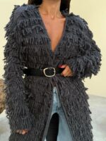 Женский Удлиненный Фактурный Графитовый Кардиган с Бахромой