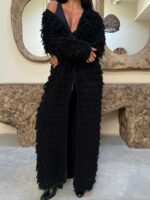 Женский Удлиненный Фактурный Черный Кардиган с Бахромой