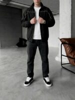 Мужская Черная Ветровка Мастерка на Молнии с Кантом