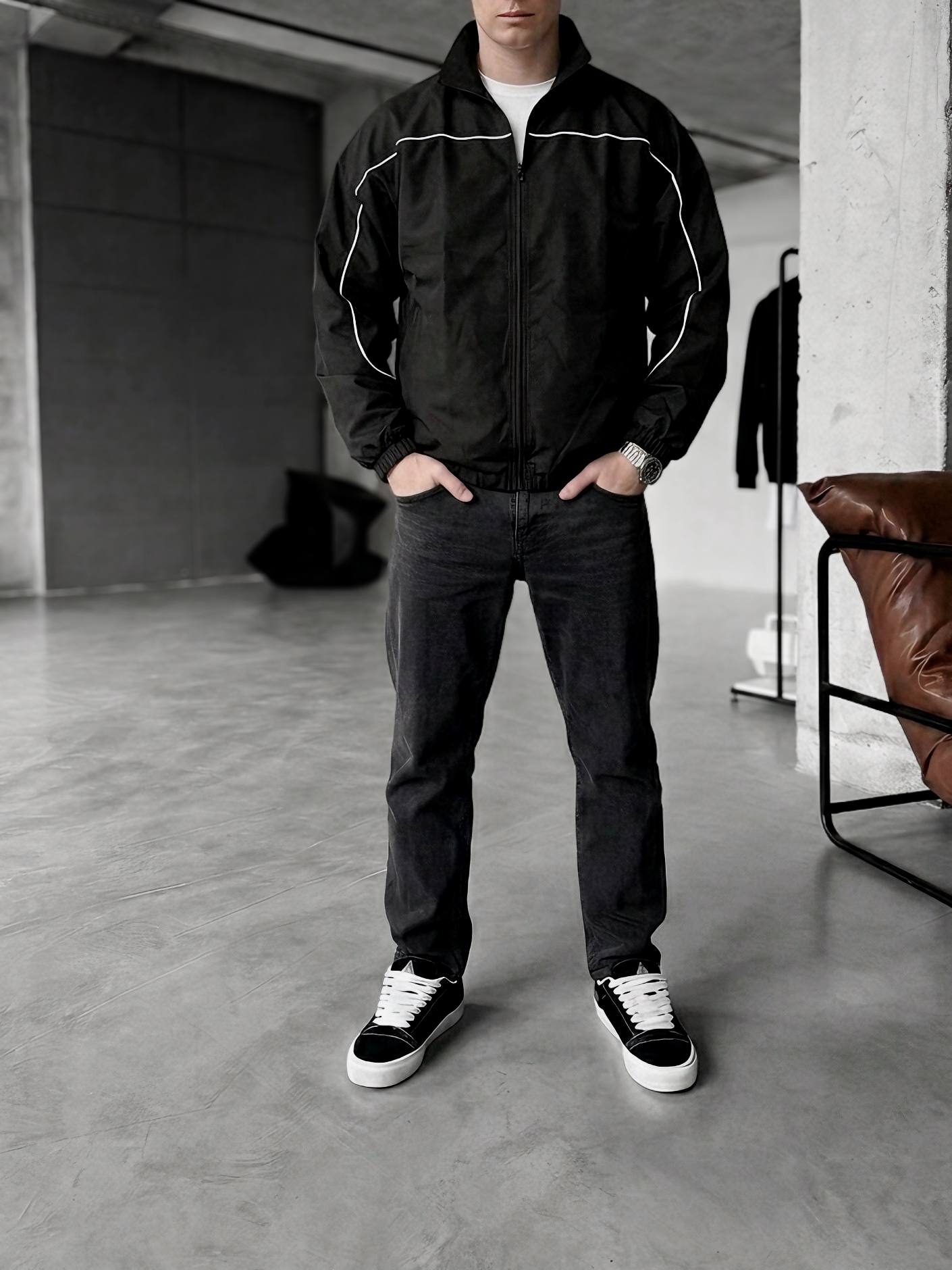 photo_2026-03-15_17-32-40 Мужская Черная Ветровка Мастерка на Молнии с Кантом