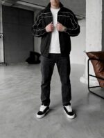 Мужская Черная Ветровка Мастерка на Молнии с Полосками