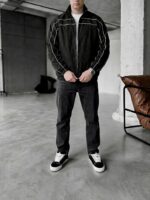 Мужская Черная Ветровка Мастерка на Молнии с Полосками