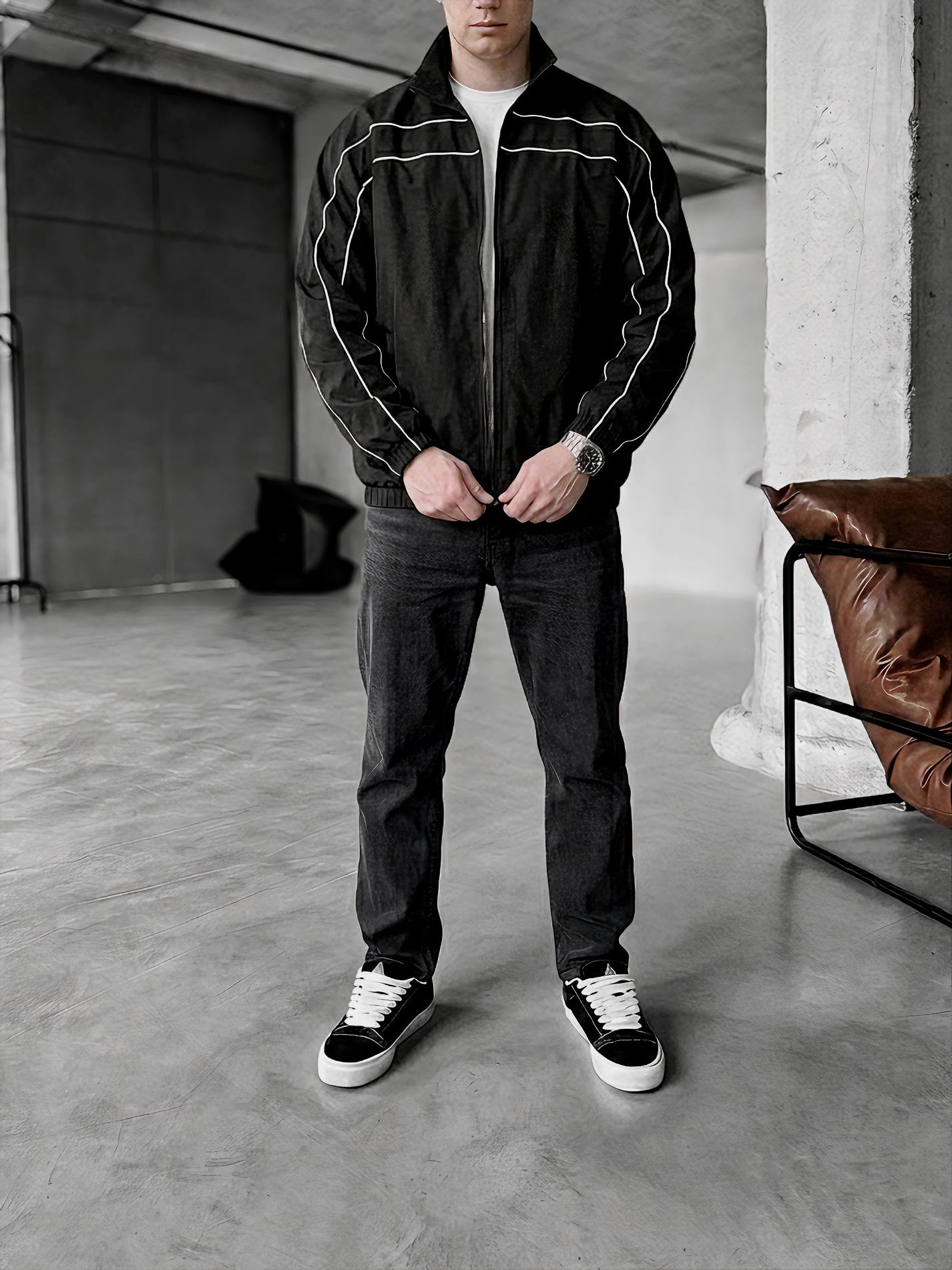 photo_2026-03-15_17-32-45 (2) Мужская Черная Ветровка Мастерка на Молнии с Полосками