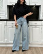 Женские Широкие Светло-Голубые Джинсы Палаццо Багги с Камнями Стразами