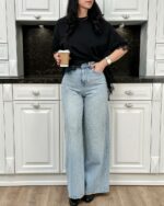 Женские Широкие Светло-Голубые Джинсы Палаццо Багги с Камнями Стразами