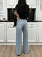 Женские Широкие Светло-Голубые Джинсы Палаццо Багги с Камнями Стразами