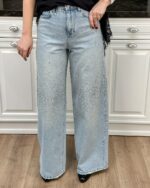 Женские Широкие Светло-Голубые Джинсы Палаццо Багги с Камнями Стразами