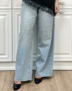 Женские Широкие Светло-Голубые Джинсы Палаццо Багги с Камнями Стразами