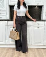 Женские Широкие Графитовые Джинсы Палаццо Багги с Камнями Стразами