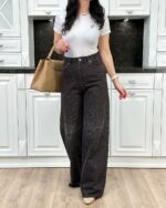 Женские Широкие Графитовые Джинсы Палаццо Багги с Камнями Стразами