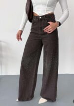 Женские Широкие Графитовые Джинсы Палаццо Багги с Камнями Стразами