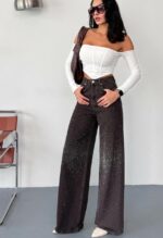 Женские Широкие Графитовые Джинсы Палаццо Багги с Камнями Стразами