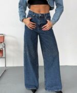 Женские Широкие Синие Джинсы Палаццо Багги с Камнями Стразами