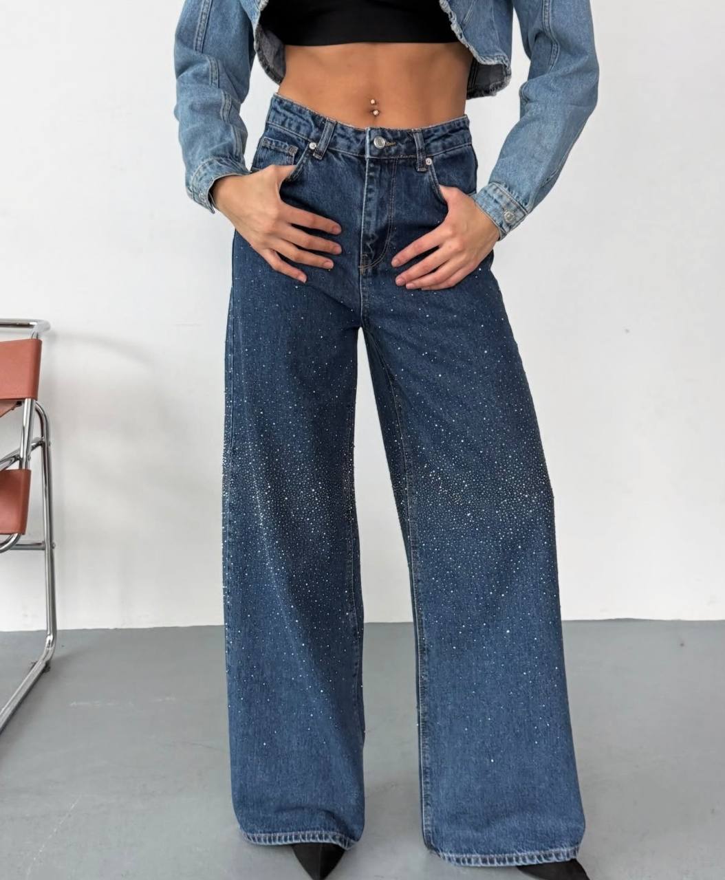 photo_2026-03-16_08-51-44 Женские Широкие Синие Джинсы Палаццо Багги с Камнями Стразами
