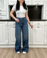 Женские Широкие Синие Джинсы Палаццо Багги с Камнями Стразами