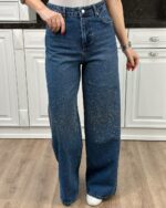 Женские Широкие Синие Джинсы Палаццо Багги с Камнями Стразами