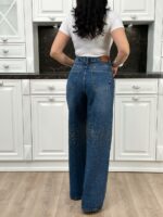 Женские Широкие Синие Джинсы Палаццо Багги с Камнями Стразами