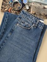 Женские Широкие Синие Джинсы Палаццо Багги с Камнями Стразами