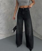 Женские Широкие Черные Джинсы Палаццо Багги с Камнями Стразами