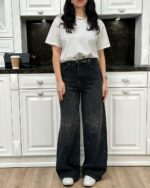 Женские Широкие Черные Джинсы Палаццо Багги с Камнями Стразами