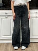 Женские Широкие Черные Джинсы Палаццо Багги с Камнями Стразами