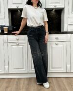 Женские Широкие Черные Джинсы Палаццо Багги с Камнями Стразами