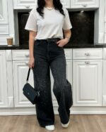 Женские Широкие Черные Джинсы Палаццо Багги с Камнями Стразами