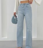 Женские Голубые Джинсы Прямого Кроя с Камнями Стразами