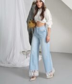 Женские Широкие Светло-Голубые Джинсы Палаццо с Кружевом Внизу