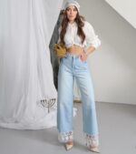 Женские Широкие Светло-Голубые Джинсы Палаццо с Кружевом Внизу