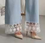 Женские Широкие Светло-Голубые Джинсы Палаццо с Кружевом Внизу