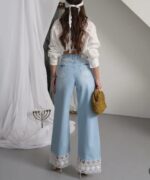 Женские Широкие Светло-Голубые Джинсы Палаццо с Кружевом Внизу