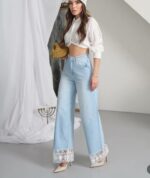 Женские Широкие Светло-Голубые Джинсы Палаццо с Кружевом Внизу