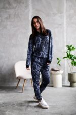 Женский Графитовый Спортивный Костюм Худи Джоггеры - Двунитка в Принт Узор