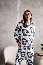 Женский Белый Спортивный Костюм Худи Джоггеры - Двунитка в Принт Губы