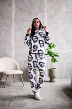 Женский Белый Спортивный Костюм Худи Джоггеры - Двунитка в Принт Губы