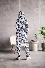 Женский Белый Спортивный Костюм Худи Джоггеры - Двунитка в Принт Губы