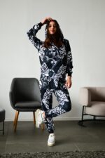 Женский Черный Костюм Худи Джоггеры - Принтованный Двунитка