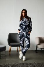 Женский Черный Спортивный Костюм Худи Джоггеры - Принтованный Двунитка