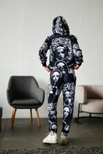 Женский Черный Спортивный Костюм Худи Джоггеры - Принтованный Двунитка