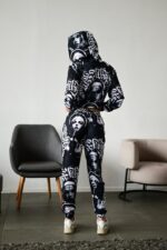 Женский Черный Спортивный Костюм Худи Джоггеры - Принтованный Двунитка