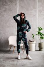 Женский Черный Спортивный Костюм Худи Джоггеры - Двунитка с Надписями