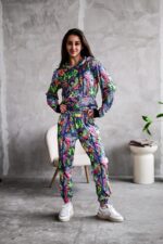 Женский Разноцветный Спортивный Костюм Худи Джоггеры - Двунитка в Принт