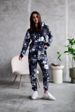 Женский Черный Спортивный Костюм Худи Джоггеры - Двунитка в Принт "Hello Kitty"