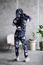 Женский Черный Спортивный Костюм Худи Джоггеры - Двунитка в Принт "Hello Kitty"