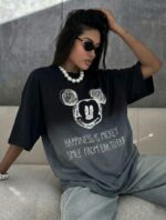 Женская Объемная Черная Футболка Оверсайз Варенка Градиент с Микки Маусом