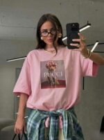 Женская Объемная Розовая Футболка Варенка Оверсайз с Принтом